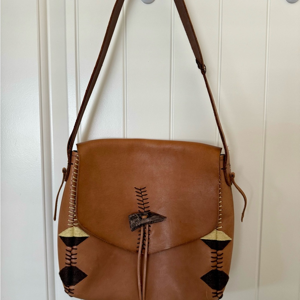 Lucky Brand Natural Tanned Leather Shoulder Bag with Embroidered Accents